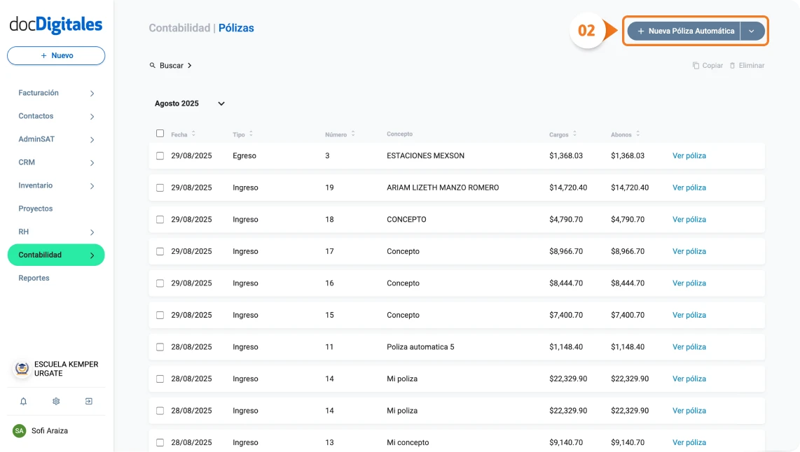 Configura una póliza automática en un sistema para contadores