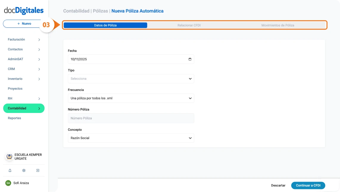 Secciones de una póliza automática contable