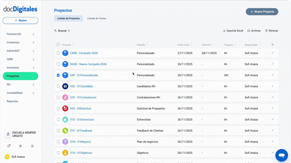 Eliminar proyecto del listado de proyectos en un CRM