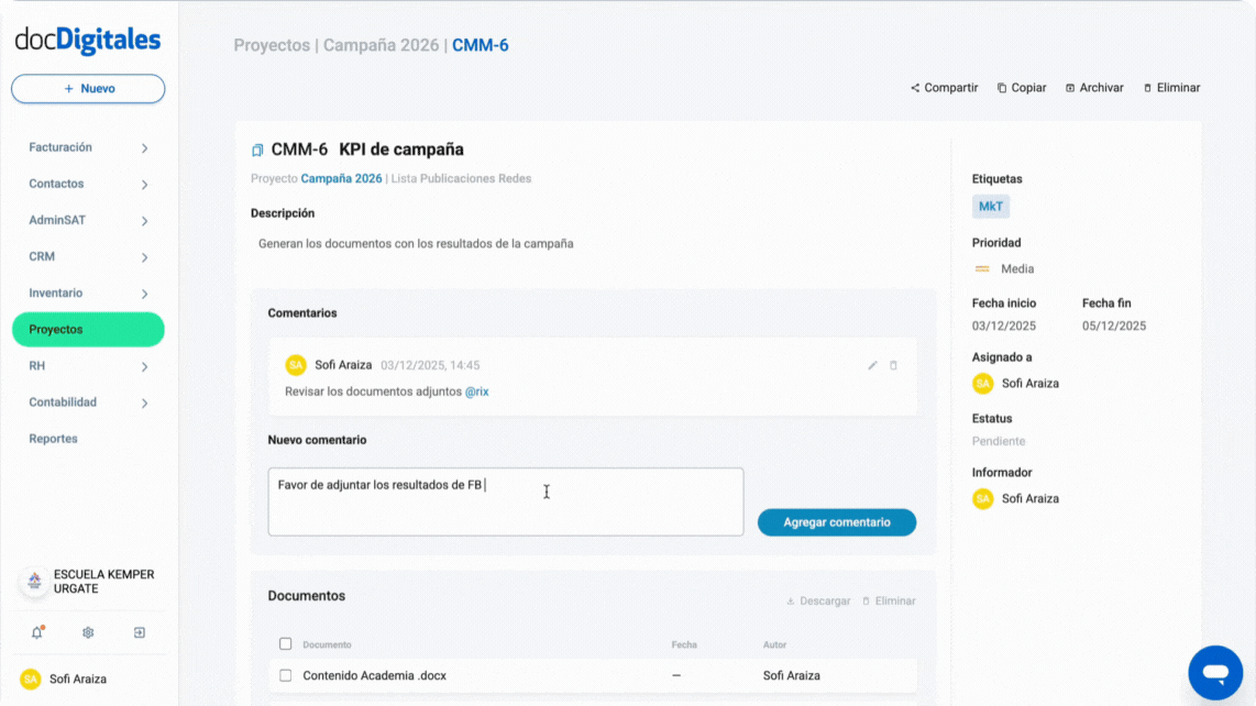 Agregar comentarios o indicaciones a una tarea en un CRM