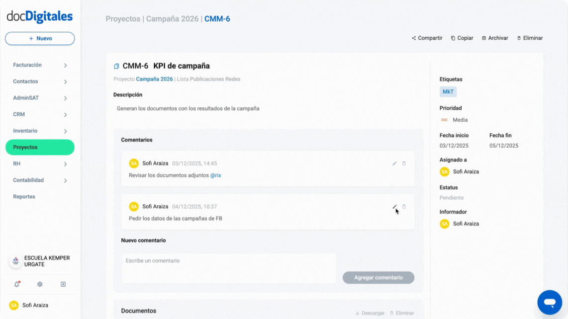 Editar comentarios o indicaciones de una tarea en un CRM