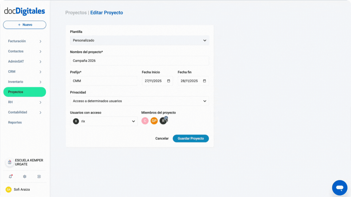 Elimina los usuarios con accesos  un proyecto dentro de un CRM
