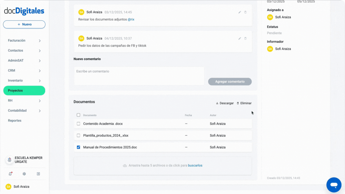 Eliminar archivos adjuntos de una tarea en un crm
