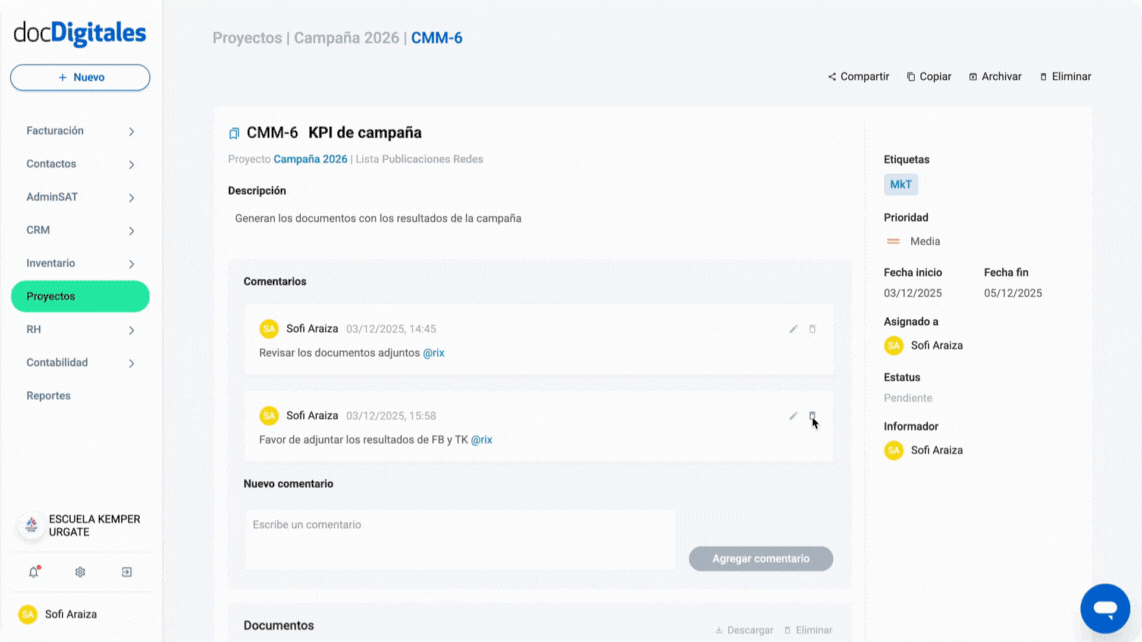 Eliminar comentarios o indicaciones de una tarea en un CRM