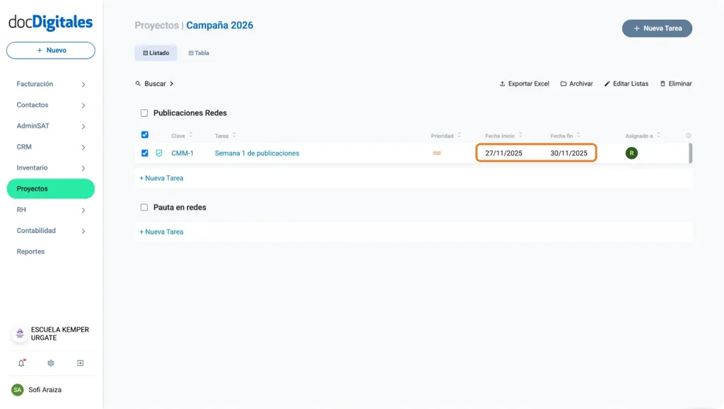 Establecer fechas para termino de actividades de las tareas dentro de un proyecto en un CRM