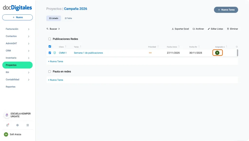Persona asignada y encargada de ejecutar la tarea de un proyecto dentro de un CRM