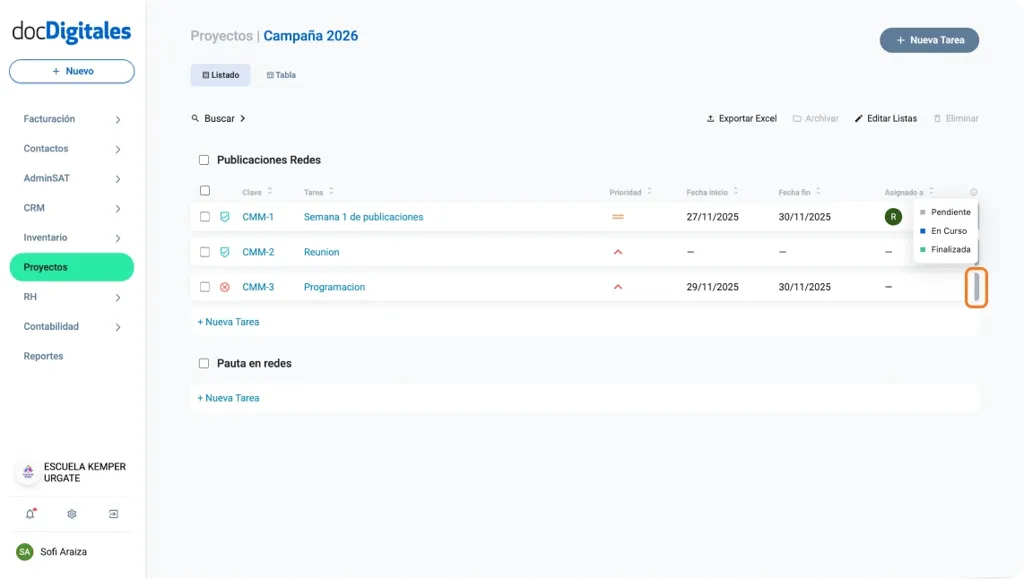 Estatus de las tareas de un proyecto dentro de un CRM