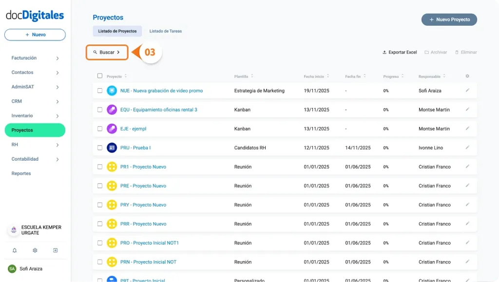 Buscar proyectos en un CRM o sistema de gestión integral