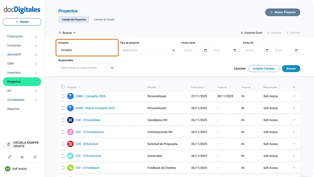 Buscar proyectos en un CRM o sistema de gestión integral