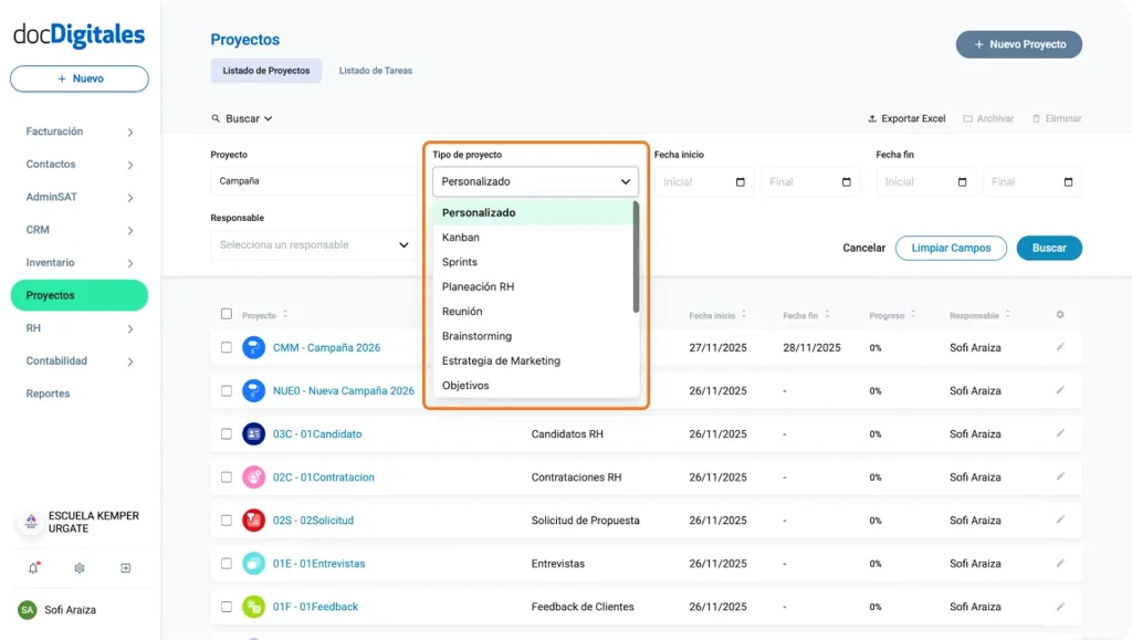Buscar proyectos en un CRM o sistema de gestión integral