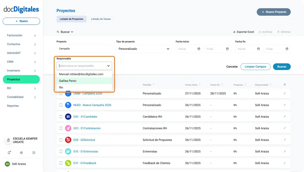 Buscar proyectos en un CRM o sistema de gestión integral