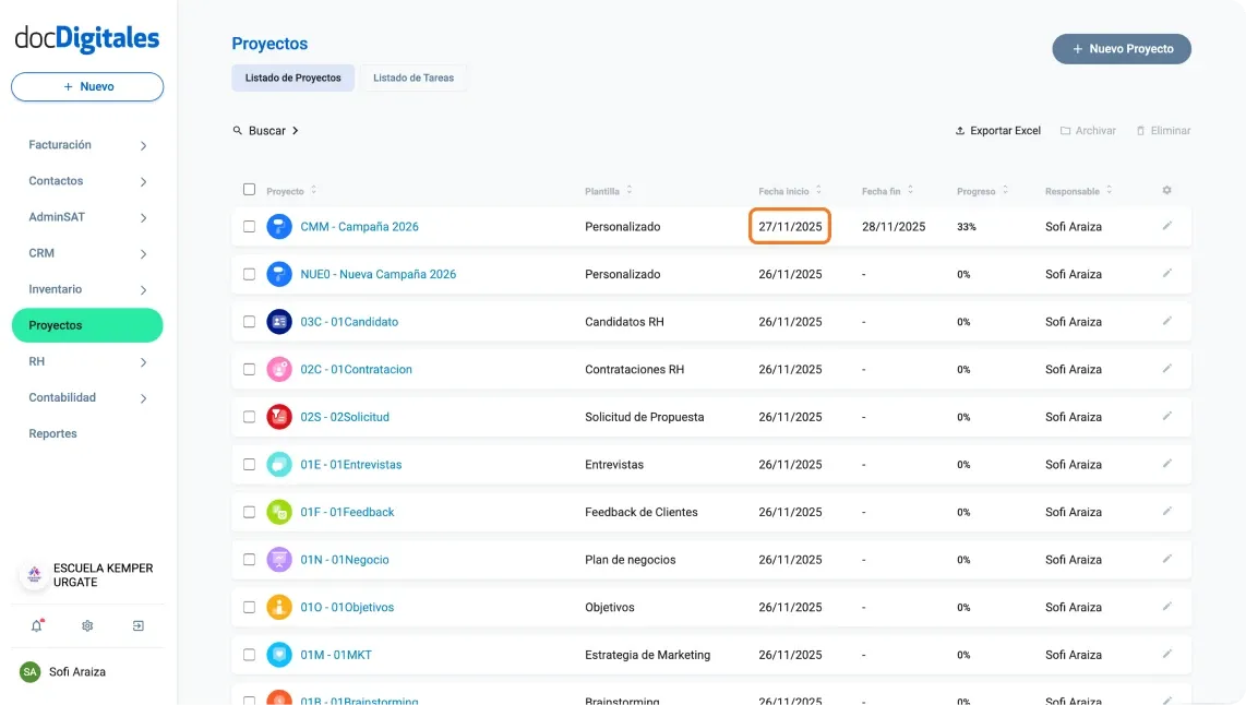 Fecha de inicio de un proyecto dentro de un CRM