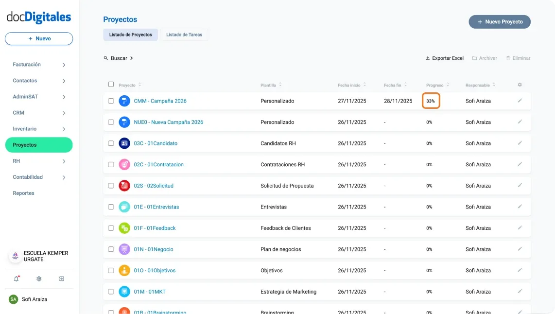 Progreso del proyecto en base a las tareas que contiene el proyecto dentro de un crm