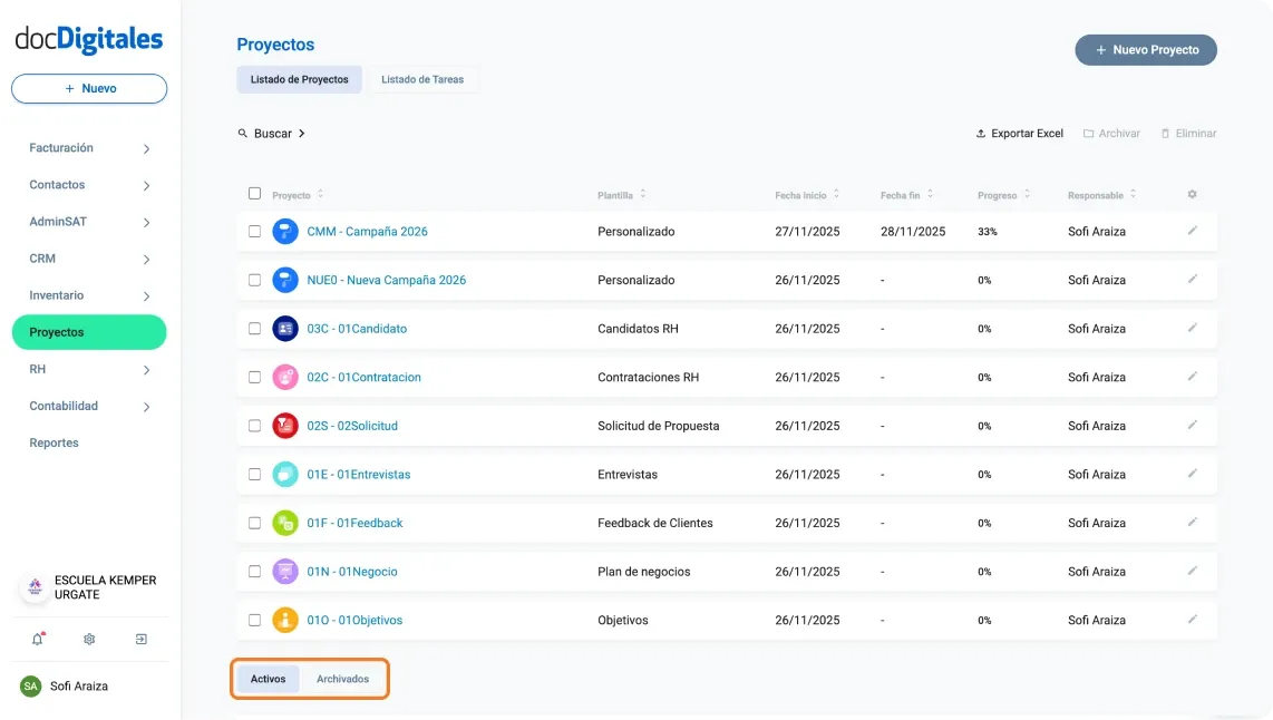 Pestaña de proyectos archivados y activos dentro de un CRM