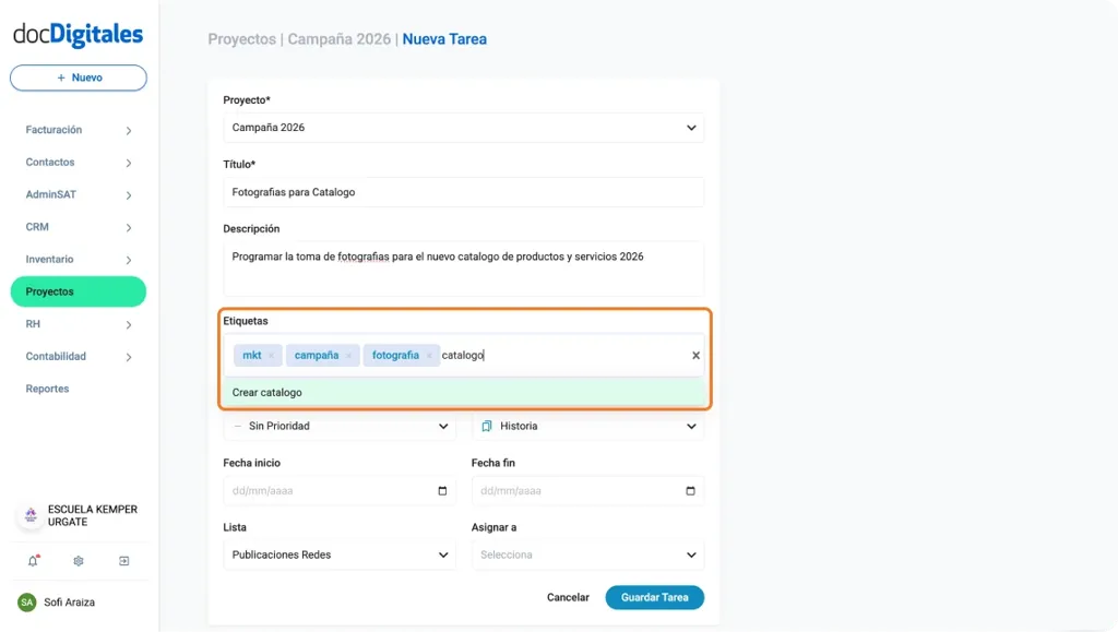 Crear una nueva tarea para la gestión de un proyecto en un CRM