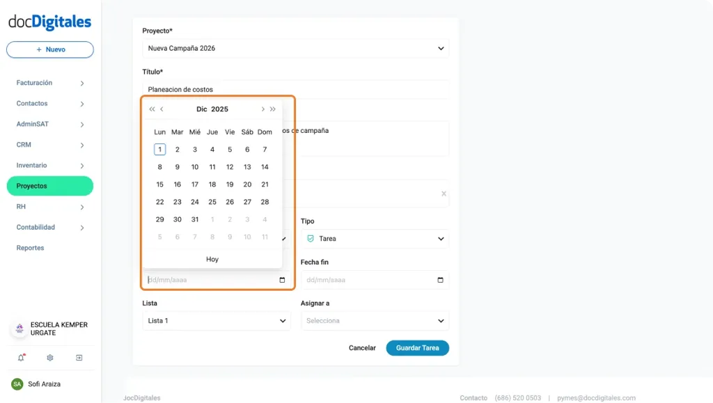 Crear una nueva tarea para la gestión de un proyecto en un CRM