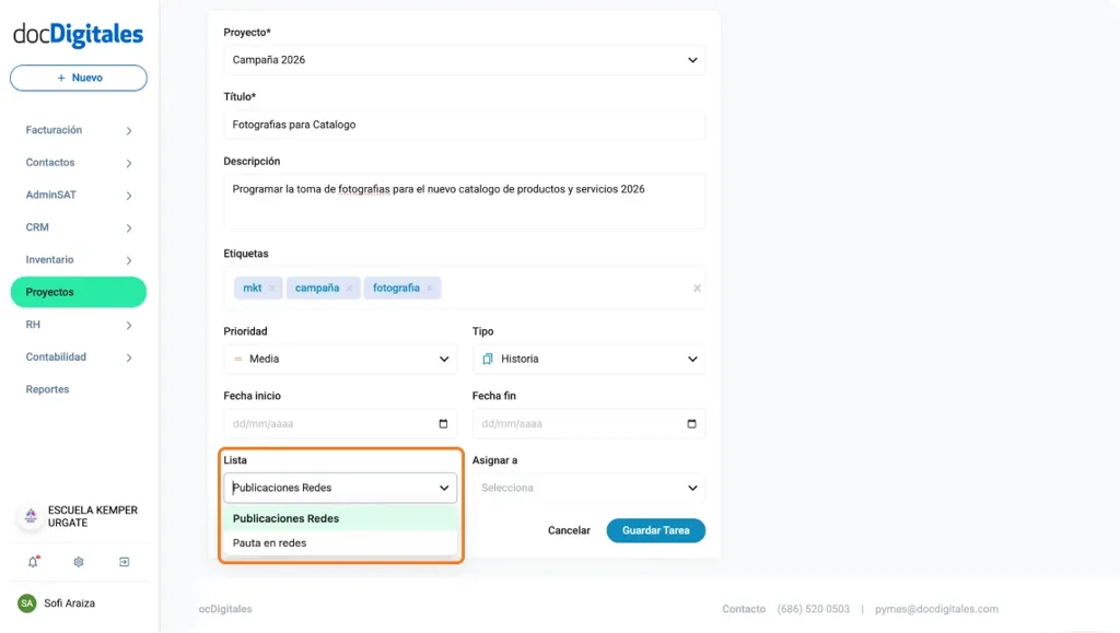Crear una nueva tarea para la gestión de un proyecto en un CRM