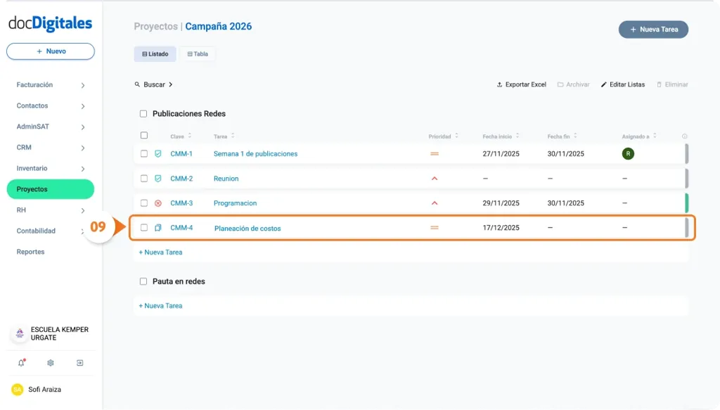 Crear una nueva tarea para la gestión de un proyecto en un CRM