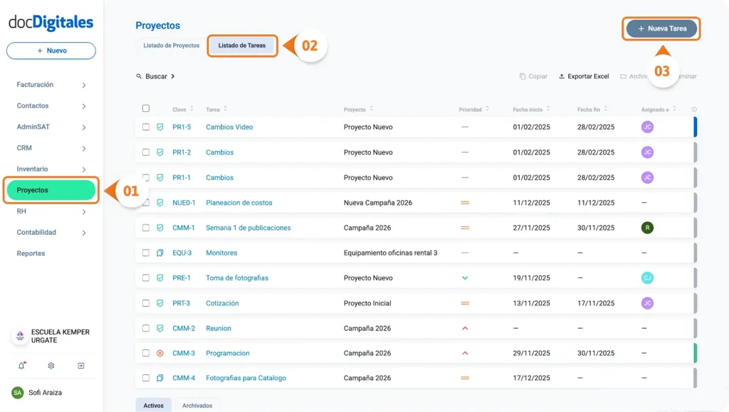 Crear una nueva tarea para la gestión de un proyecto en un CRM