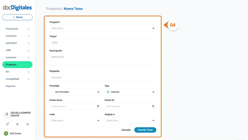 Crear una nueva tarea para la gestión de un proyecto en un CRM