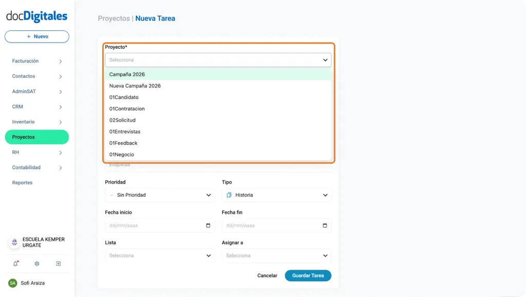 Crear una nueva tarea para la gestión de un proyecto en un CRM