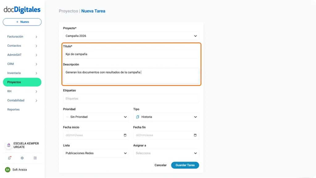 Crear una nueva tarea para la gestión de un proyecto en un CRM