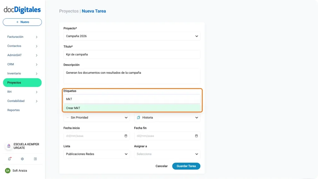 Crear una nueva tarea para la gestión de un proyecto en un CRM