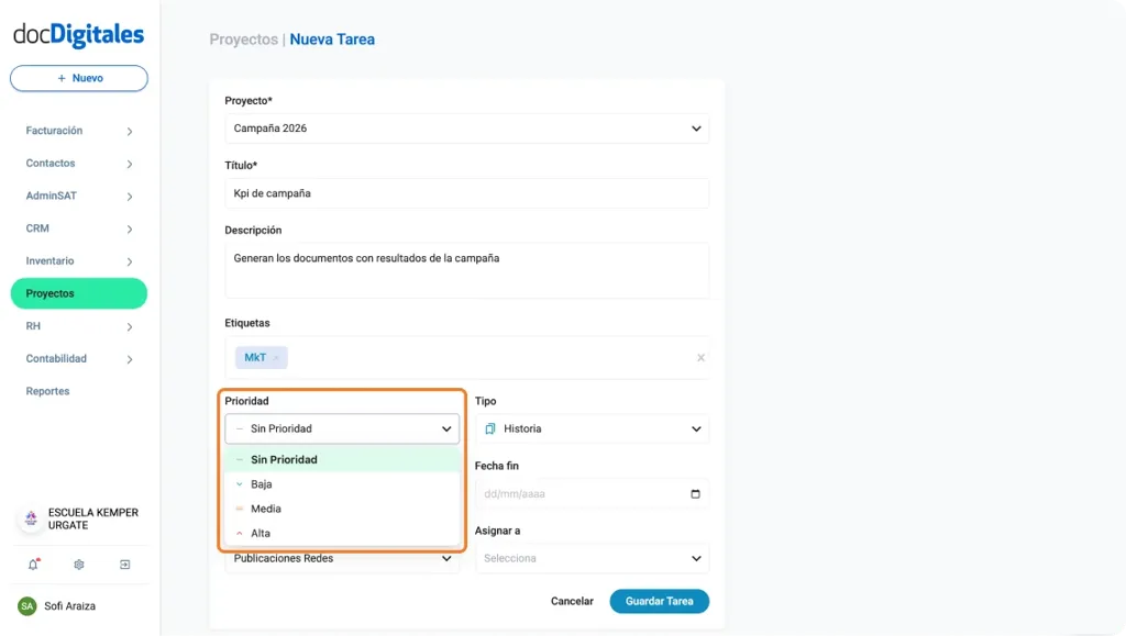 Crear una nueva tarea para la gestión de un proyecto en un CRM