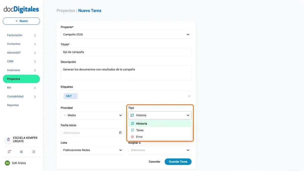 Crear una nueva tarea para la gestión de un proyecto en un CRM