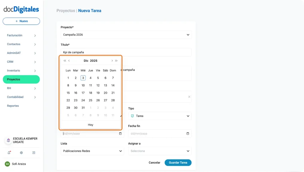 Crear una nueva tarea para la gestión de un proyecto en un CRM