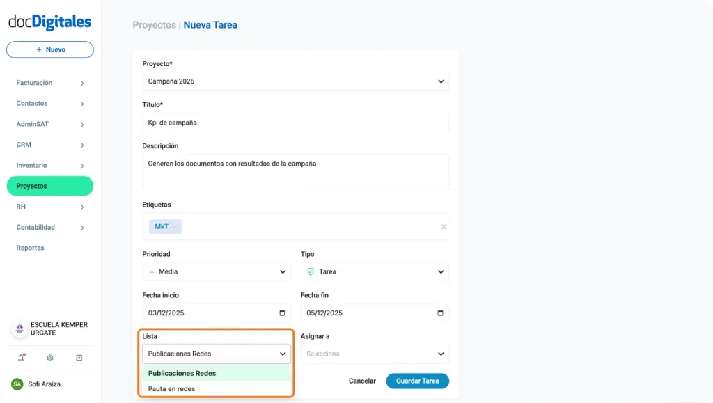Crear una nueva tarea para la gestión de un proyecto en un CRM