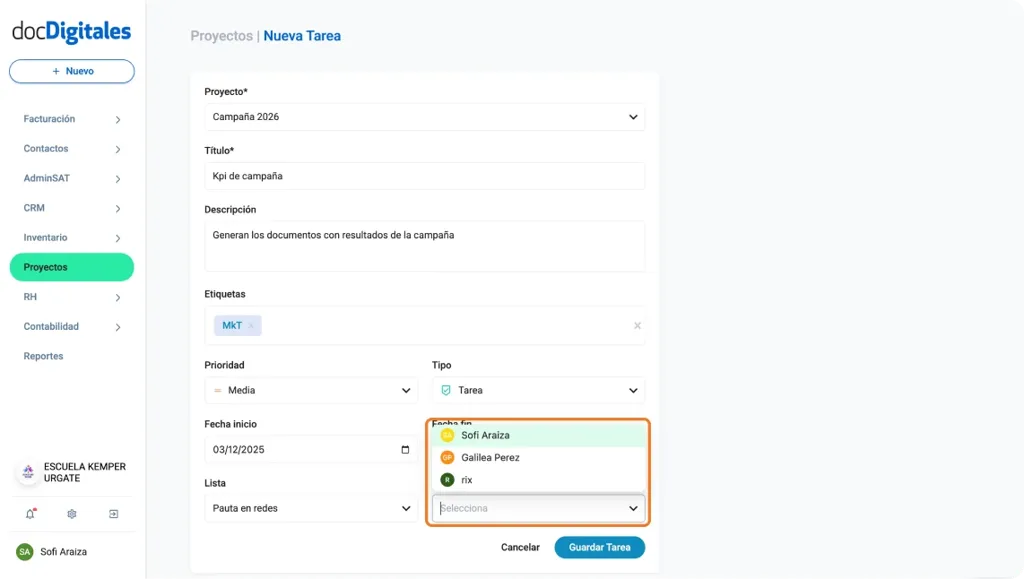 Crear una nueva tarea para la gestión de un proyecto en un CRM