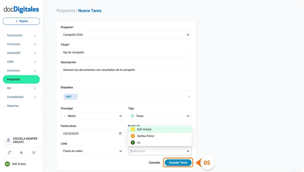 Crear una nueva tarea para la gestión de un proyecto en un CRM