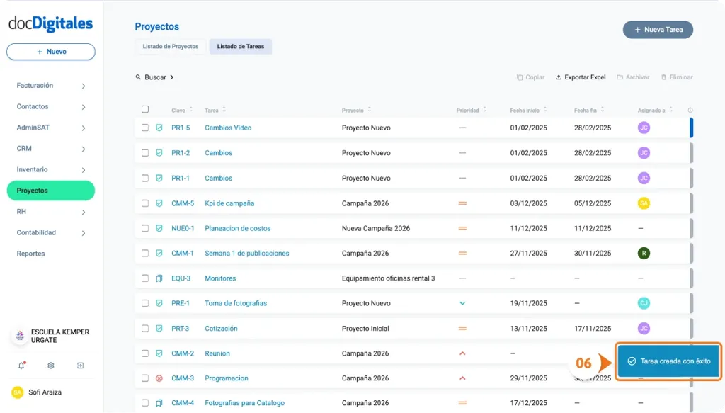 Crear una nueva tarea para la gestión de un proyecto en un CRM