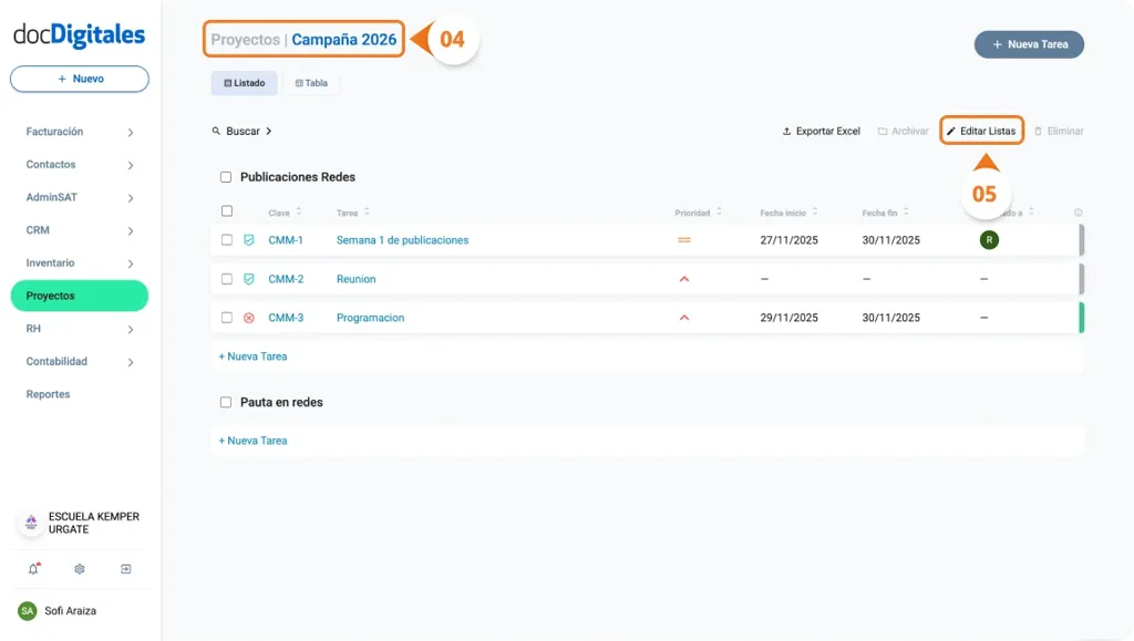 Agregar nuevas etapas o tareas a un proyecto dentro de un CRM