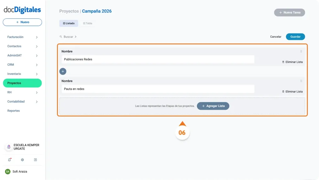 Agregar nuevas etapas o tareas a un proyecto dentro de un CRM