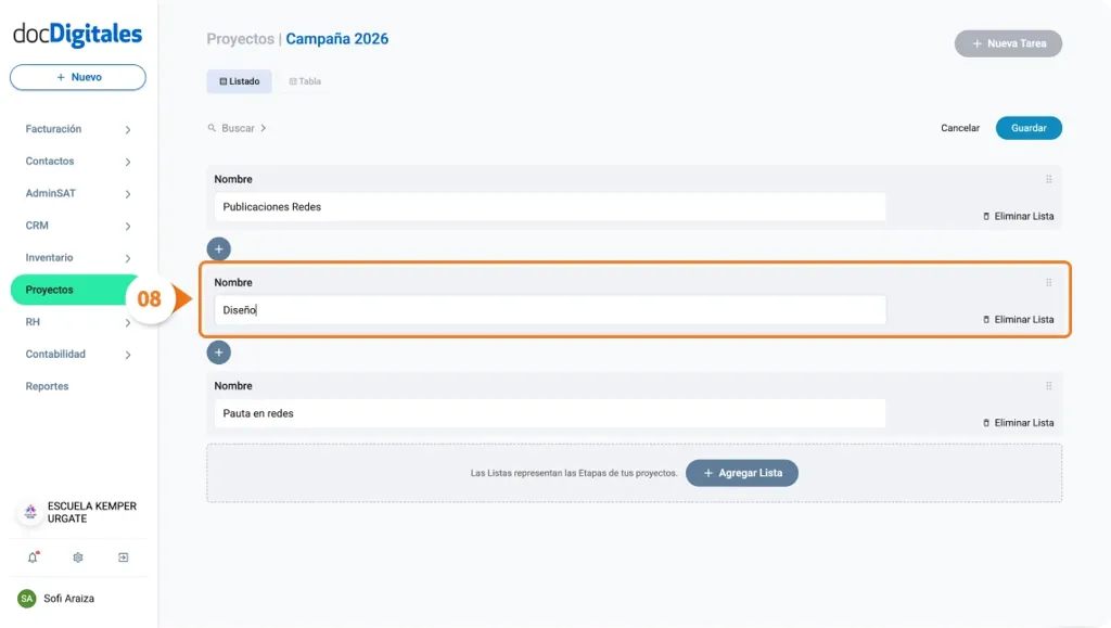 Agregar nuevas etapas o tareas a un proyecto dentro de un CRM