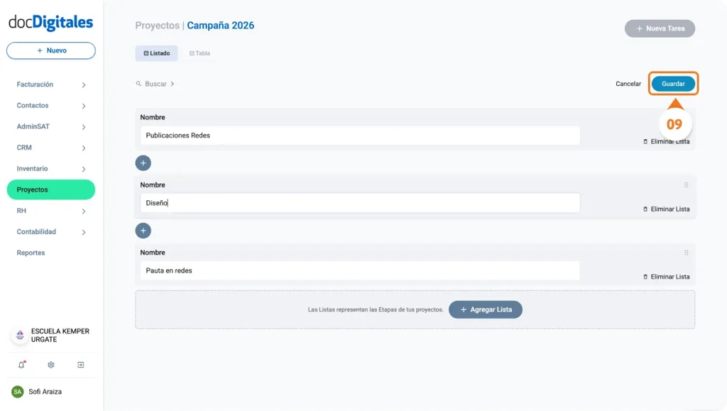 Agregar nuevas etapas o tareas a un proyecto dentro de un CRM