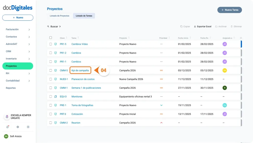Editar tareas de un proyecto en un crm