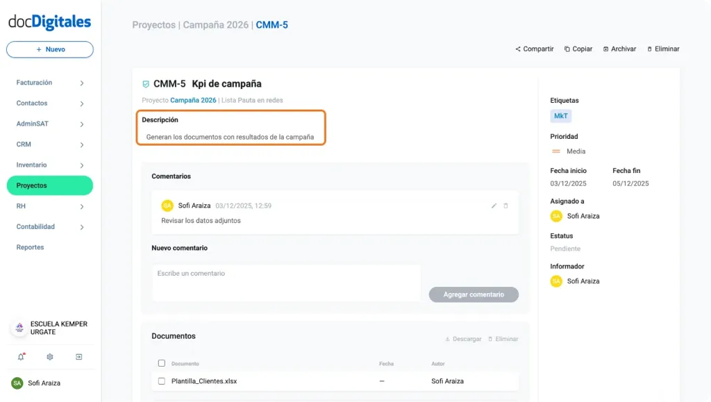 Editar descripción de tarea dentro de un proyecto en un crm