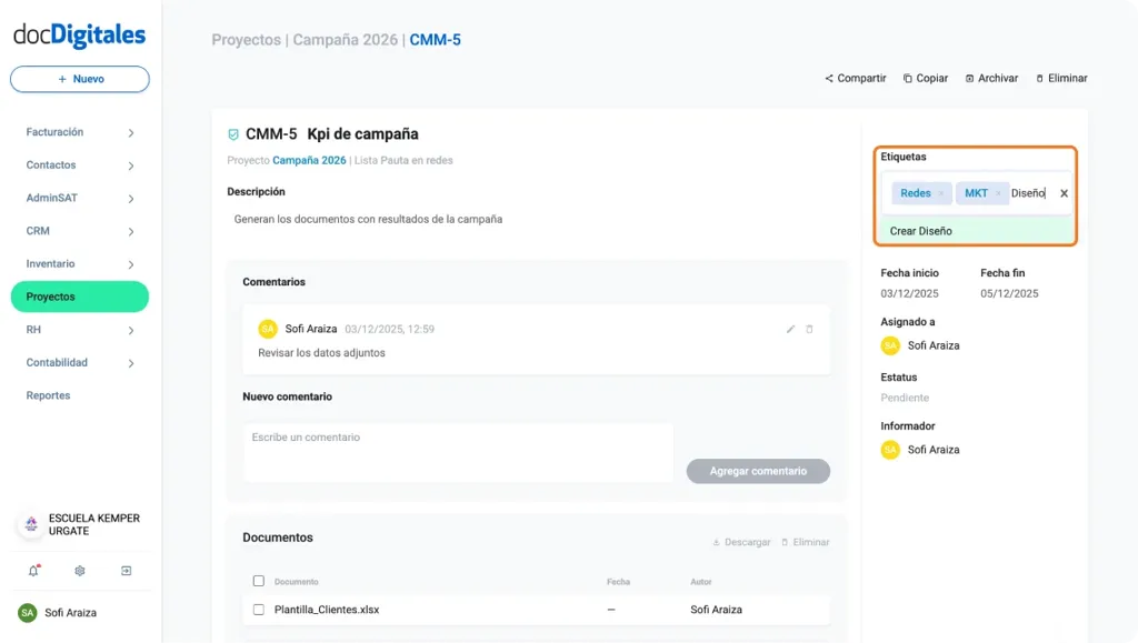 Agregar nuevas etiquetas o editar etiquetas de una tarea de un proyecto en un crm