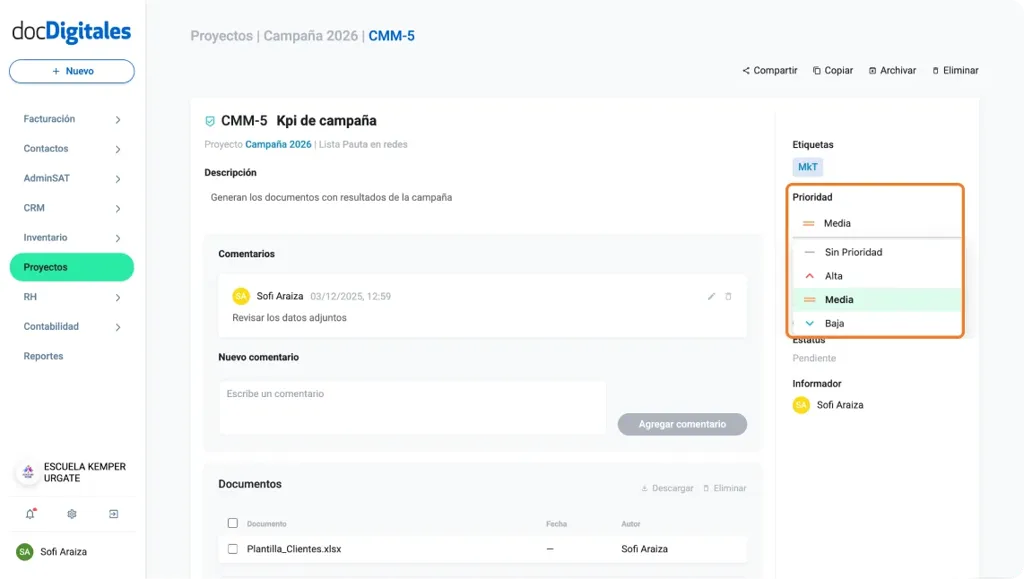 Actualizar o editar niveles de prioridad de una tarea dentro de un proyecto o crm