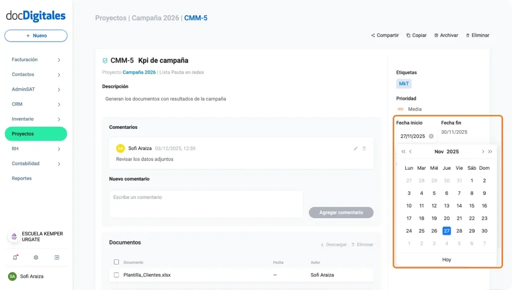 Asignar fechas de inicio y fin a una tarea dentro de un proyecto o crm