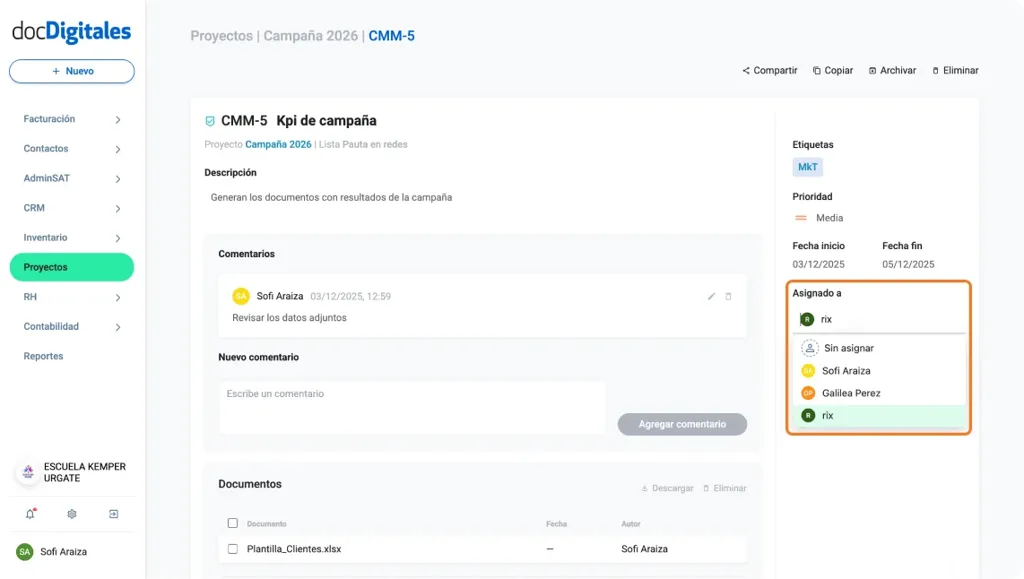 Asigna o edita responsables de gestionar una tarea de un proyecto dentro de un CRM