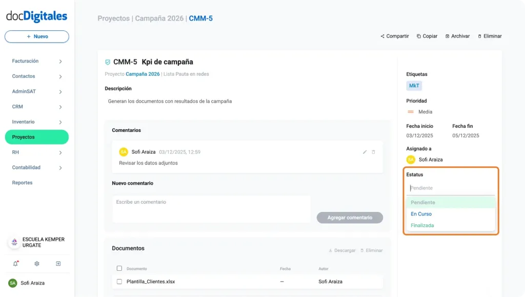 Actualiza el estatus o avance de una tarea de un proyecto dentro de un CRM