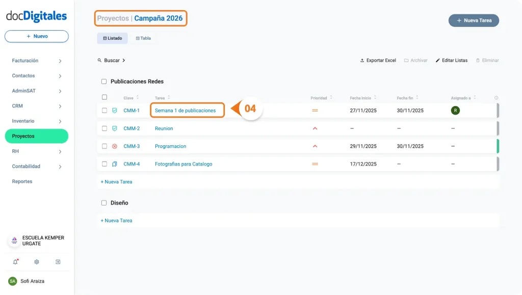 Editar una tarea de un proyecto desde el listado de tareas en un crm