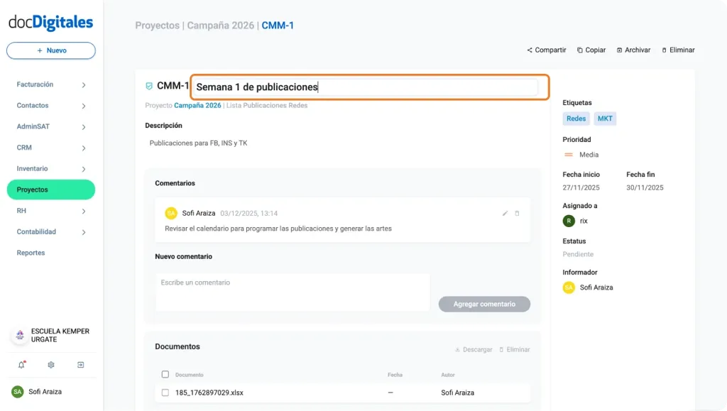 Editar una tarea de un proyecto desde el listado de tareas en un crm