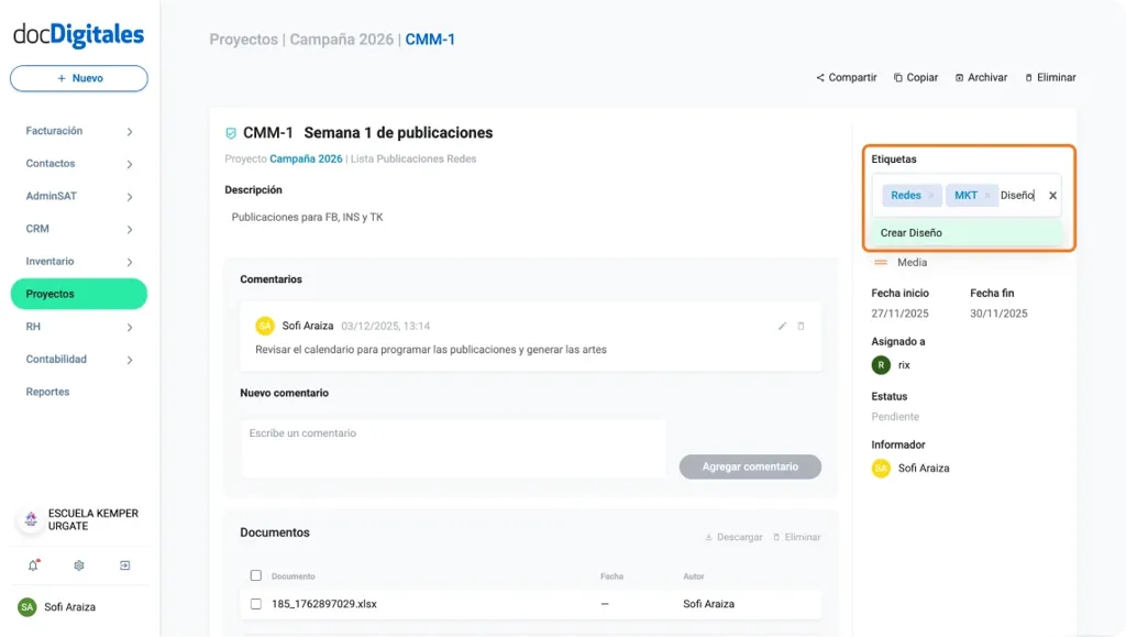 Editar una tarea de un proyecto desde el listado de tareas en un crm
