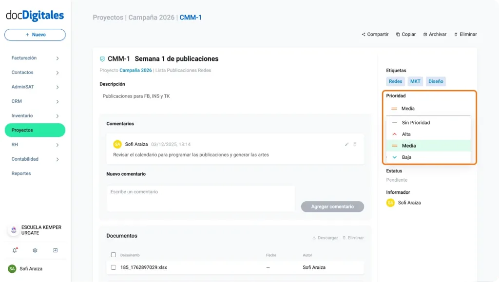 Editar una tarea de un proyecto desde el listado de tareas en un crm