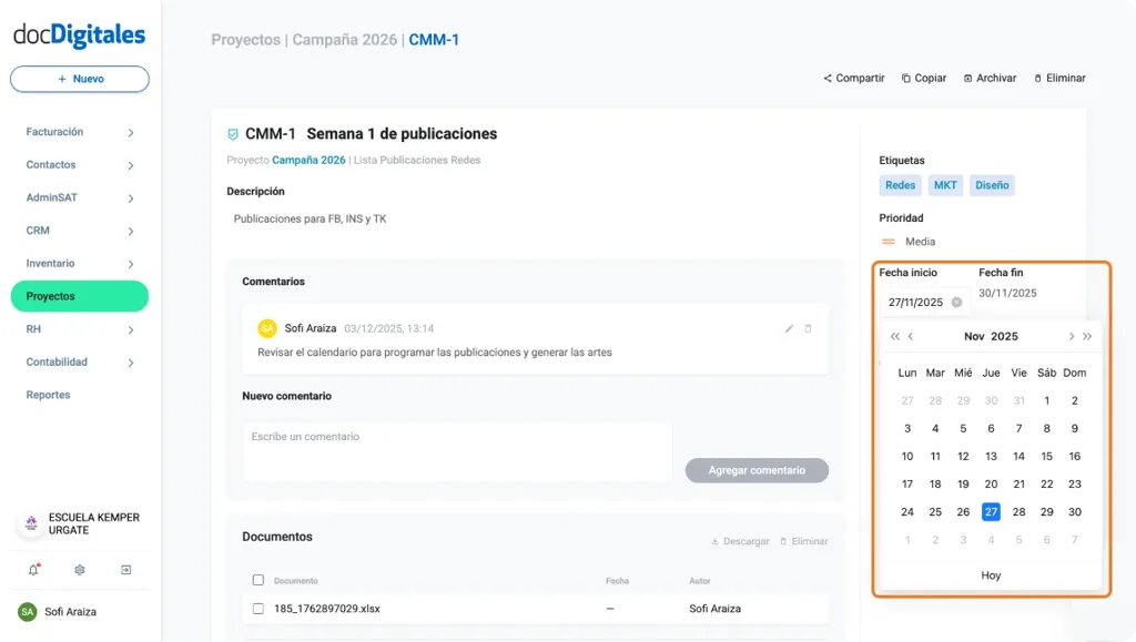 Editar una tarea de un proyecto desde el listado de tareas en un crm